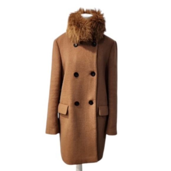 Ann Taylor Tan Wool Double Breasted Coat with Removable Fur Collar - Picture 6 of 9